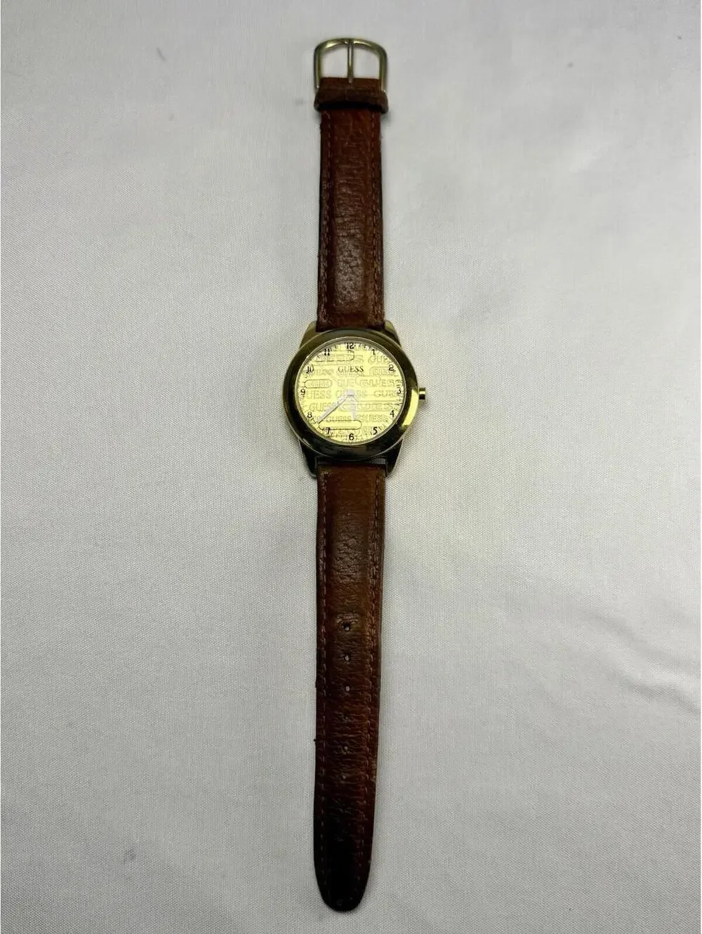 GUESS Vintage VTG Women’s Watch Gold Dial Brown Leather Band Loose Back Plate